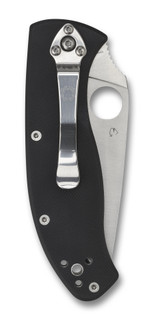 Spyderco Tenacious folding knife with thumb hole - shown closed pocket clip side.  Satin 8Cr13MoV stainless steel combo edge blade.  Black G-10 handle.  C122GPS.