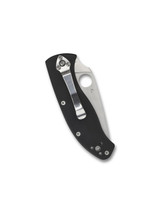 Spyderco Tenacious folding knife with thumb hole - shown closed pocket clip side.  Satin 8Cr13MoV stainless steel combo edge blade.  Black G-10 handle.  C122GPS.