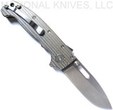 Demko Knives AD-20S drop point folding knife with thumb slot and thumb stud - shown open pocket clip side.  Stonewash CTS-204P stainless steel plain edge blade.  Textured titanium handle.