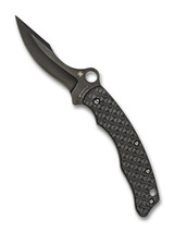 Spyderco Szabo folding knife with thumb hole - shown open presentation side.  Black S30V stainless steel plain edge blade.  Black carbon fiber and G-10 laminate handle.  Model C146CFBBKP.
For reference only.
