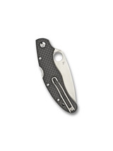 Spyderco Caly 3.5 folding knife with thumb hole - shown closed pocket clip side.  Satin ZDP-189 and 420J2 laminated steel plain edge blade.  Black carbon fiber handle.  Model C144CFPE.