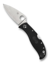 Spyderco LeafJumper folding knife with thumb hole - shown open presentation side.  Satin VG-10 stainless steel plain edge blade.  Black FRN handle.  Model C262PBK.