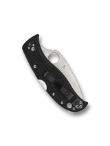 Spyderco LeafJumper folding knife with thumb hole - shown closed pocket clip side.  Satin VG-10 stainless steel plain edge blade.  Black FRN handle.  Model C262PBK.