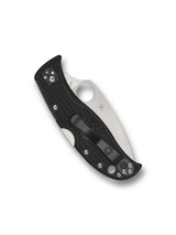 Spyderco LeafJumper folding knife with thumb hole - shown closed pocket clip side.  Satin VG-10 stainless steel serrated edge blade.  Black FRN handle.  Model C262SBK.