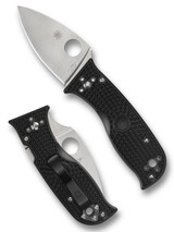 Spyderco Lil' Temperance 3 folding knife with thumb hole - shown open presentation side and closed pocket clip side.  Satin VG-10 stainless steel plain edge blade.  Black FRN handle.  Model C69PBK3.