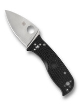 Spyderco Lil' Temperance 3 folding knife with thumb hole - shown open presentation side.  Satin VG-10 stainless steel plain edge blade.  Black FRN handle.  Model C69PBK3.