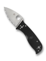 Spyderco Lil' Temperance 3 folding knife with thumb hole - shown open presentation side.  Satin VG-10 stainless steel serrated edge blade.  Black FRN handle.  Model C69SBK3.