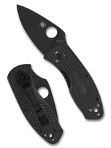 Spyderco Ambitious folding knife with thumb hole - shown open presentation side and closed pocket clip side.  Black 8Cr13MoV stainless steel plain edge blade.  Black FRN handle.  Model C148PBBK.