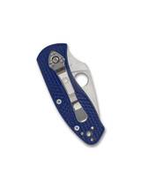Spyderco Ambitious folding knife with thumb hole - shown closed pocket clip side.  Satin S35VN stainless steel serrated edge blade.  Blue FRN handle.  Model C148SBL.