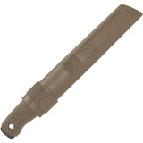 Condor Tool and Knife Terrasaur fixed blade knife - shown in sheath obverse.  Black 1095 steel plain edge blade.  Desert Polypropylene handle.  Model CTK3944-4.1.