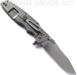 Rick Hinderer Knives Eklipse Spear Point folding knife with flipper tab and thumb stud - shown open lock side.  Stonewash S45VN stainless steel plain edge blade.  Red G-10 handle with stonewash lock side.  Model KEK35SPE.