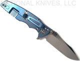 Rick Hinderer Knives Eklipse Spear Point folding knife with flipper tab and thumb stud - shown open lock side.  Stonewash S45VN stainless steel plain edge blade.  Red G-10 handle with stonewash blue lock side.  Model KEK35SPE.