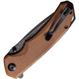 Civivi Brazen folding knife with thumb stud and flipper tab - shown closed pocket clip side.  Damascus steel plain edge blade.  Brown Micarta handle.  Model C2102DS-1.
