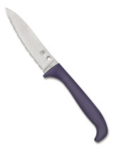 Spyderco Culinary Counter Critter kitchen knife - obverse shown. Satin 7Cr17 stainless steel serrated edge blade. Purple polypropylene handle. Model K21SPR. Spyderco Culinary Counter Critter kitchen knife - obverse shown. Satin 7Cr17 stainless steel serrated edge blade. Purple polypropylene handle. Model K21SPR.