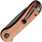 Civivi Elementum folding knife with flipper tab - shown closed pocket clip side.  Black stonewash D2 steel plain edge blade.  Cuibourtia Wood handle.  Model 907U.