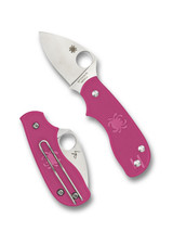 Spyderco Squeak folding knife with thumb hole - shown open presentation side and closed pocket clip side.  Satin N690Co stainless steel plain edge blade. Pink FRN handle.  Model C154PPN.
