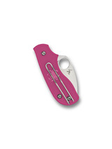 Spyderco Squeak folding knife with thumb hole - shown closed pocket clip side.  Satin M398 stainless steel plain edge blade. Pink FRN handle.  Model C154PPN.