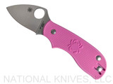 Spyderco Squeak folding knife with thumb hole - shown open presentation side.  Satin M398 stainless steel plain edge blade. Pink FRN handle.  Model C154PPN.