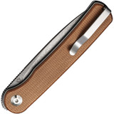 Civivi Stylum folding knife with flipper tab - shown closed pocket clip side.  Stonewash 10Cr15CoMoV stainless steel plain edge blade.  Brown Micarta handle.  Model C20010B-A.
