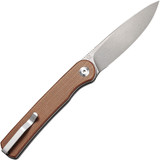 Civivi Stylum folding knife with flipper tab - shown open pocket clip side.  Stonewash 10Cr15CoMoV stainless steel plain edge blade.  Brown Micarta handle.  Model C20010B-A.