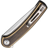 Civivi Mini Asticus folding knife with flipper tab - shown closed pocket clip side.  Satin 10Cr15CoMoV stainless steel plain edge blade.  Rubbed brass handle.  Model C19026B-2.