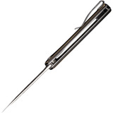 Civivi Mini Asticus folding knife with flipper tab - shown open top view.  Satin 10Cr15CoMoV stainless steel plain edge blade.  Rubbed brass handle.  Model C19026B-2.
