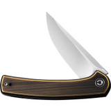 Civivi Mini Asticus folding knife with flipper tab - shown partially open presentation side.  Satin 10Cr15CoMoV stainless steel plain edge blade.  Rubbed brass handle.  Model C19026B-2.