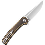 Civivi Mini Asticus folding knife with flipper tab - shown open pocket clip side.  Satin 10Cr15CoMoV stainless steel plain edge blade.  Rubbed brass handle.  Model C19026B-2.