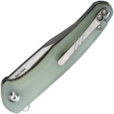 Civivi Mini Sandbar folding knife with flipper tab - shown closed pocket clip side.  Satin Nitro-V stainless steel plain edge blade.  Natural G-10 handle.  Model C20011-2.