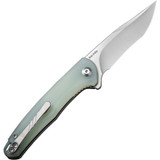 Civivi Mini Sandbar folding knife with flipper tab - shown open pocket clip side.  Satin Nitro-V stainless steel plain edge blade.  Natural G-10 handle.  Model C20011-2.
