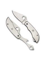 Spyderco Clipitool folding knife with thumb hole - shown open presentation side and bottle opener open presentation side.  Satin 8Cr13MoV stainless steel plain edge blade. Stainless steel handle.  Model C175P.