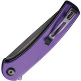 Civivi Mini Asticus folding knife with flipper tab - shown closed pocket clip side.  Black Stonewash 10Cr15CoMoV stainless steel plain edge blade.  Purple G-10 handle.  Model C19026B-4.