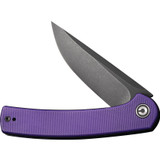 Civivi Mini Asticus folding knife with flipper tab - shown partially open presentation side.  Black Stonewash 10Cr15CoMoV stainless steel plain edge blade.  Purple G-10 handle.  Model C19026B-4.