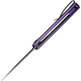 Civivi Mini Asticus folding knife with flipper tab - shown open top view.  Black Stonewash 10Cr15CoMoV stainless steel plain edge blade.  Purple G-10 handle.  Model C19026B-4.
