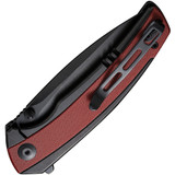 Civivi Teraxe folding knife with flipper tab - shown closed pocket clip side.  Black stonewash Nitro-V stainless steel plain edge blade.  Burgundy G-10 handle.  Model C20036-1.