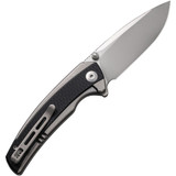 Civivi Teraxe folding knife with flipper tab - shown open pocket clip side.  Bead blast Nitro-V stainless steel plain edge blade.  Black G-10 handle.  Model C20036-3.