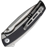 Civivi Teraxe folding knife with flipper tab - shown closed pocket clip side.  Bead blast Nitro-V stainless steel plain edge blade.  Black G-10 handle.  Model C20036-3.