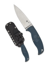 Spyderco Enuff 2 Leaf fixed blade knife - shown out of sheath reverse and in sheath reverse.  Satin K390 steel plain edge blade.  Blue FRN handle.  Model FB31PBL2K390.