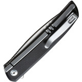 Civivi Savant folding knife with flipper tab - shown closed pocket clip side.  Bead blast 14C28N stainless steel plain edge blade.  Black G-10 handle.  Model C20063B-2.