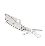 Spyderco Clipitool folding knife with thumb hole - shown scissors open presentation side.  Satin 8Cr13MoV stainless steel plain edge blade. Stainless steel handle.  Model C169P.
