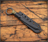 RMJ Tactical Stabby Guy multitool - shown in sheath obverse.  Cobalt Cerakote CPM-3V steel construction with OD green G-10.