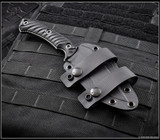 RMJ Tactical Peregrine fixed blade knife - shown in sheath obverse.  Tungsten Cerakote Nitro-V stainless steel plain edge blade.  Black G-10.
