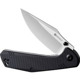 Sencut Actium folding knife with thumb stud and flipper tab - shown partially open presentation side.  Satin D2 steel plain edge blade.  Black G-10 handle.  Model SA02B.