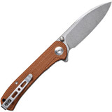 Sencut Scepter folding knife with thumb stud and flipper tab - shown open pocket clip side.  Stonewash 9Cr18MoV stainless steel plain edge blade.  Brown Micarta handle.  Model SA03D.