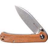 Sencut Scepter folding knife with thumb stud and flipper tab - shown partially open presentation side.  Stonewash 9Cr18MoV stainless steel plain edge blade.  Brown Micarta handle.  Model SA03D.