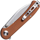 Sencut Scepter folding knife with thumb stud and flipper tab - shown closed pocket clip side.  Stonewash 9Cr18MoV stainless steel plain edge blade.  Brown Micarta handle.  Model SA03D.