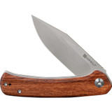 Sencut Snap folding knife with flipper tab - shown partially open presentation side.  Stonewash 9Cr18MoV stainless steel plain edge blade.  Wood handle.  Model SA05D-V1.