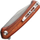 Sencut Snap folding knife with flipper tab - shown closed pocket clip side.  Stonewash 9Cr18MoV stainless steel plain edge blade.  Wood handle.  Model SA05D-V1.