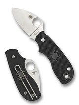 Spyderco Squeak folding knife with thumb hole - shown open presentation side and closed pocket clip side.  Satin N690Co stainless steel plain edge blade. Black FRN handle.  Model C154PBK.