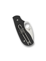 Spyderco Squeak folding knife with thumb hole - shown closed pocket clip side.  Satin N690Co stainless steel plain edge blade. Black FRN handle.  Model C154PBK.